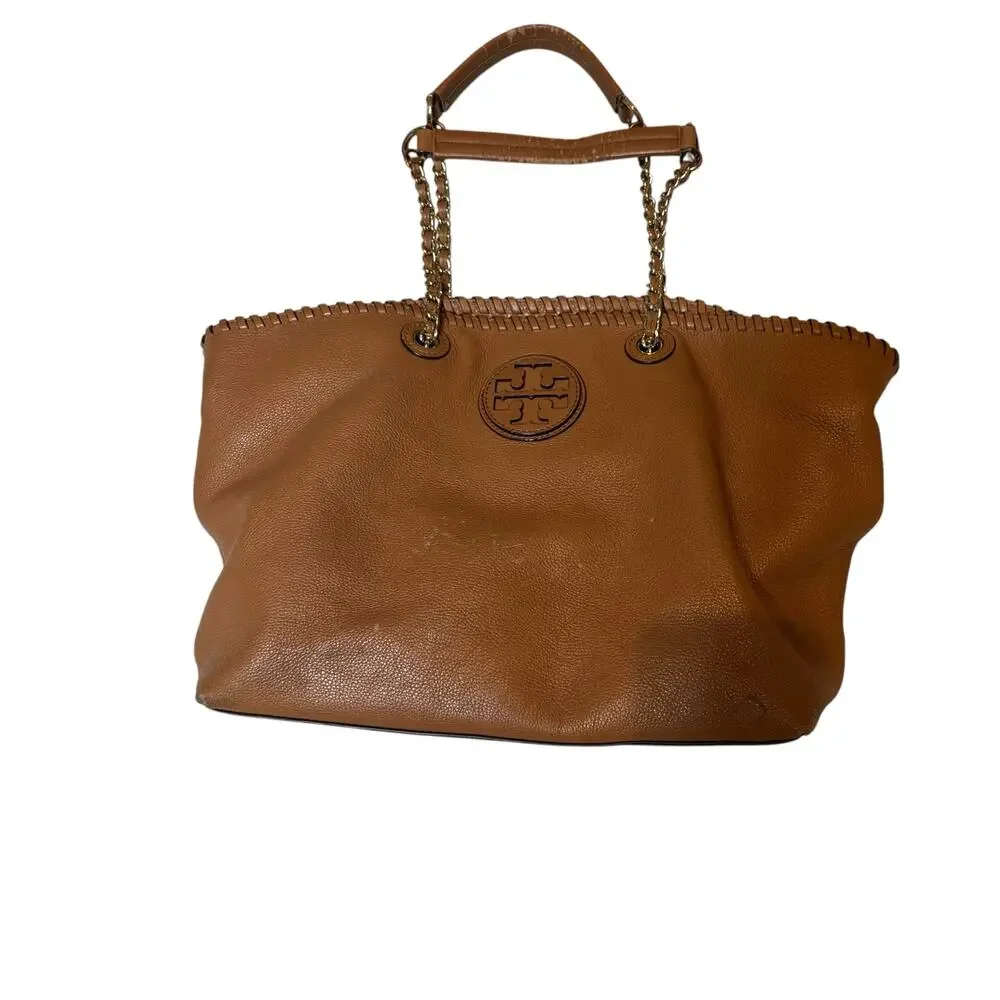 Tory Burch Brown Pebbled Leather Chain Strap Tote Bag Whipstitch Logo Purse